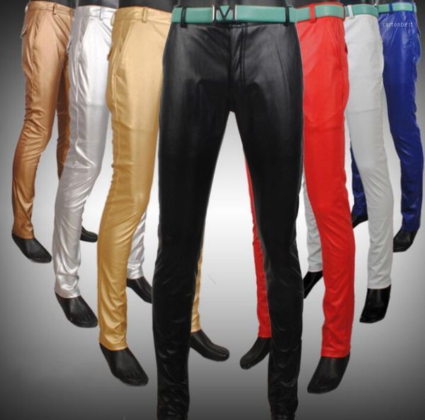 men's pants spring autumn personality fashion motorcycle faux leather mens feet pu trousers for men pantalon homme youth red1, Black