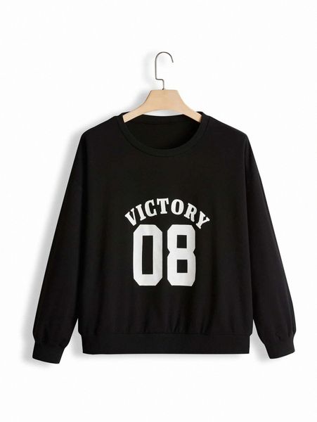 plus letter print sweatshirt c3a1#, Black