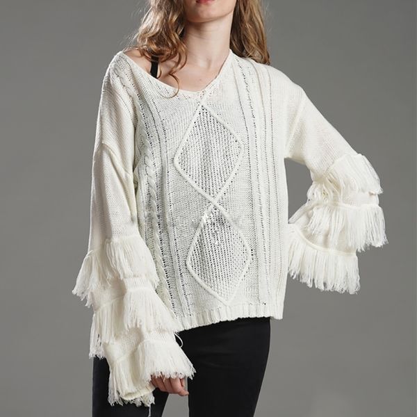 women's sweater loose knitting v-neck flare sleeve tassel patchwork ladies autumn winter casual sweaters pullovers 201023, White;black
women's sweater loose knitting v-neck flare sleeve tassel patchwork ladies autumn winter casual sweaters pullovers 201023, White;black