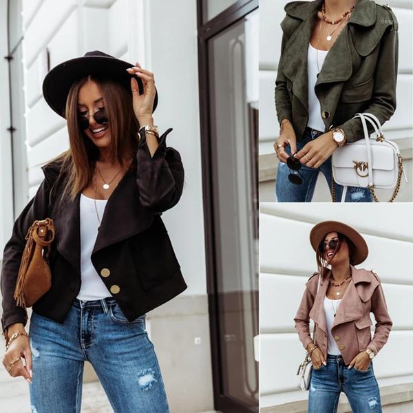 women deerskin velvet jacket lapel double button simple style solid color spring autumn clothing1, Black;brown 
women deerskin velvet jacket lapel double button simple style solid color spring autumn clothing1, Black;brown