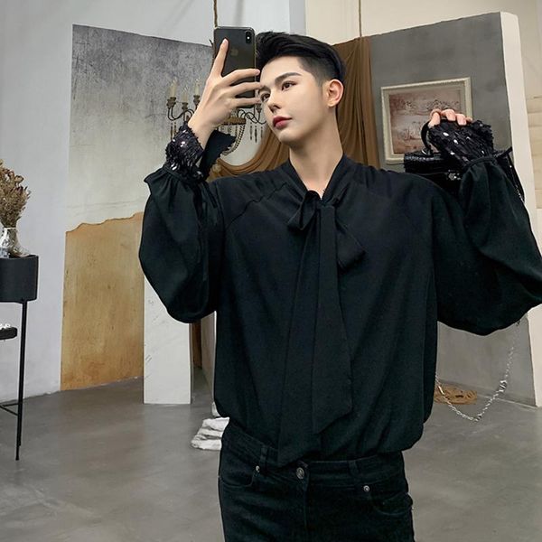 men's casual shirts spring designer style cuff sequin bow tie embellished long sleeve shirt logo korean loose web celebrity shirt., White;black
men's casual shirts spring designer style cuff sequin bow tie embellished long sleeve shirt logo korean loose web celebrity shirt., White;black