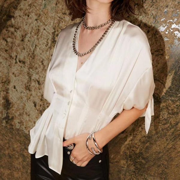 100% silk blouse brand fashion women high-end luxury summer vintage elegant v-neck silk satin shirt, White
100% silk blouse brand fashion women high-end luxury summer vintage elegant v-neck silk satin shirt, White
