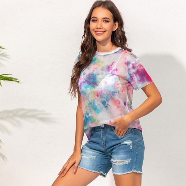 design women's tie dye t-shirt new round neck short sleeve perspective coat t-shirt print psb3o, White
design women's tie dye t-shirt new round neck short sleeve perspective coat t-shirt print psb3o, White