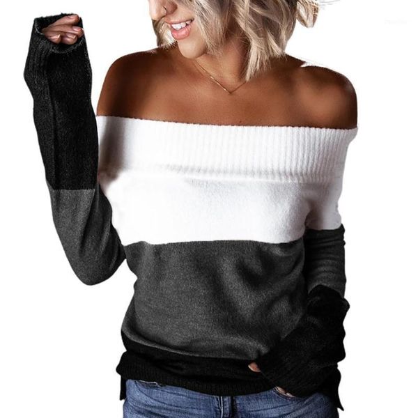 women autumn winter off shoulder patchwork long sleeve pullover knitted sweater1, White;black
women autumn winter off shoulder patchwork long sleeve pullover knitted sweater1, White;black