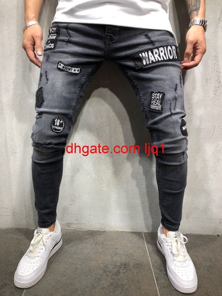 denim new men's skinny jeans with black hole badge and small leg jeans, Blue
denim new men's skinny jeans with black hole badge and small leg jeans, Blue