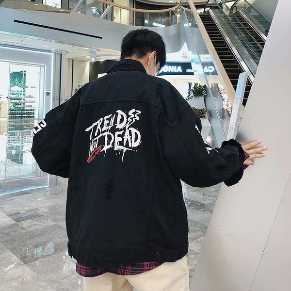 ripped hole denim jacket male handsome denim clothing personality printed loose baseball uniform student trendy jacket, Black;brown
ripped hole denim jacket male handsome denim clothing personality printed loose baseball uniform student trendy jacket, Black;brown