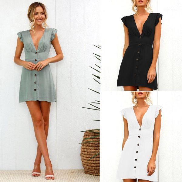 2018 new arrival women dress summer deep v-neck short ruffle sleeve waist tightening mini dress beach party with button1, White;black
2018 new arrival women dress summer deep v-neck short ruffle sleeve waist tightening mini dress beach party with button1, White;black