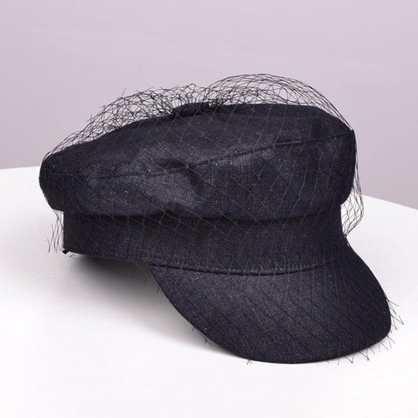 british style retro denim flat beret cap with mesh veil women girl sun protection visor button painter elegant navy hat, Blue;gray
british style retro denim flat beret cap with mesh veil women girl sun protection visor button painter elegant navy hat, Blue;gray