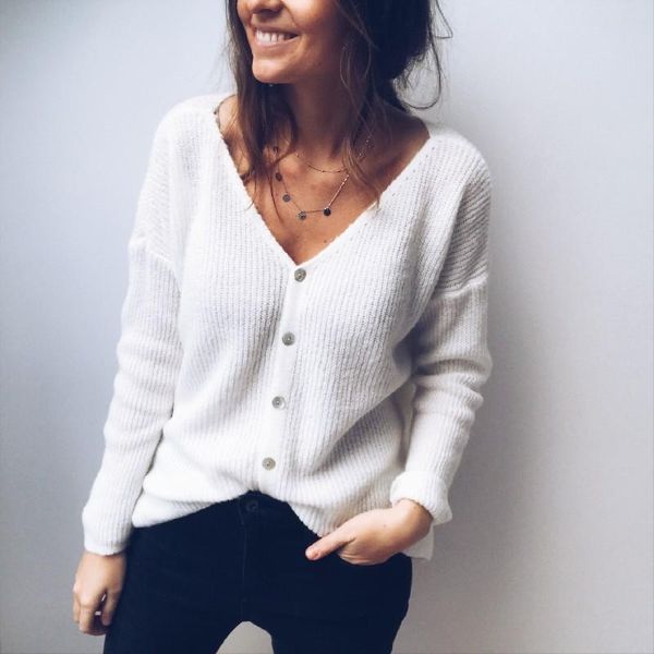 2020 autumn winter new cardigan t-shirt solid loose tees lossky knitted v neck casual button thin long sleeve t shirt, White
2020 autumn winter new cardigan t-shirt solid loose tees lossky knitted v neck casual button thin long sleeve t shirt, White