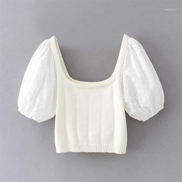 2020 summer women's new wide-neck puffy short-sleeved same-color stitching knitted embroidered short, White
2020 summer women's new wide-neck puffy short-sleeved same-color stitching knitted embroidered short, White