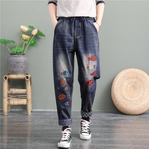 women's jeans fish embroidered women 2021 autumn elastic high waist pocket loose harem straight pants trousers street style, Blue
women's jeans fish embroidered women 2021 autumn elastic high waist pocket loose harem straight pants trousers street style, Blue