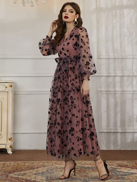 floral mesh belted surplice front dress h2ip#, Black;gray