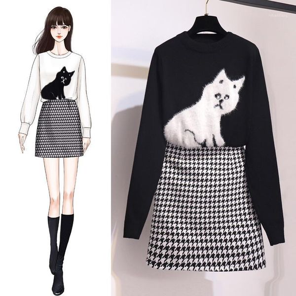 women cat faux fur patchwork knitted sweater + high waist houndstooth tweed mini skirt set autumn winter two pieces set1, White
women cat faux fur patchwork knitted sweater + high waist houndstooth tweed mini skirt set autumn winter two pieces set1, White