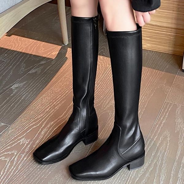 women's genuine leather thick heel autumn knee high knight boots square toe long winter boots high shoes women, Black
women's genuine leather thick heel autumn knee high knight boots square toe long winter boots high shoes women, Black