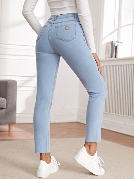 patched raw hem zipper fly jeans 86lu#, Blue