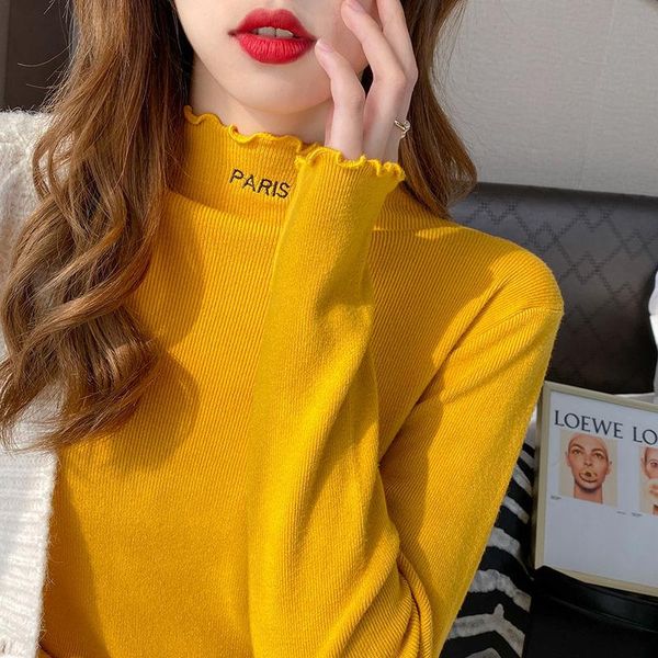 women's t-shirt half high collar slim fit multi-functional autumn winter wooden ear edge embroidered letter long sleeve, White
women's t-shirt half high collar slim fit multi-functional autumn winter wooden ear edge embroidered letter long sleeve, White