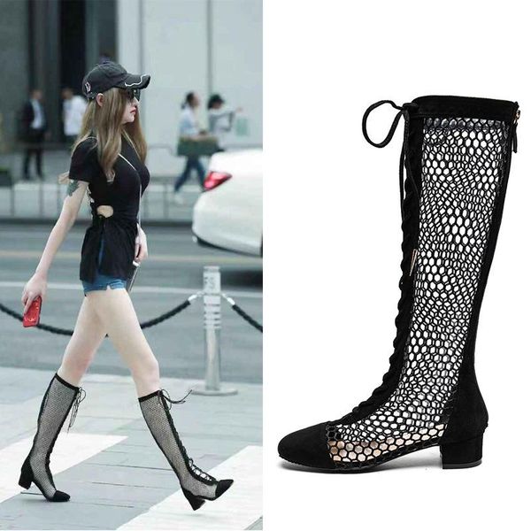women boots hollow with net red boots summer leather thick heel high mesh knee length roman, Black
women boots hollow with net red boots summer leather thick heel high mesh knee length roman, Black