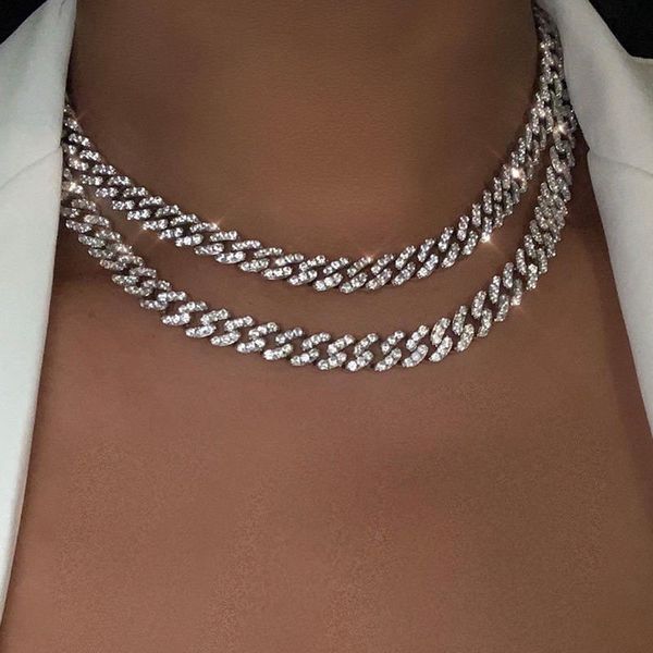 flatfoosie gold silver color iced out rhinestone choker necklace women bling cuban link chain crystal necklace hip hop jewlery 0927