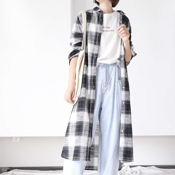 117-0056 literary spring autumn loose extended long sleeve plaid cotton and linen shirt, White
117-0056 literary spring autumn loose extended long sleeve plaid cotton and linen shirt, White