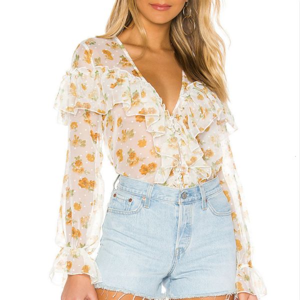 selling perspective chiffon blusa women with decorative flowers dots printed ladies ruffles shirts high femme camisa 1spf, White
selling perspective chiffon blusa women with decorative flowers dots printed ladies ruffles shirts high femme camisa 1spf, White
