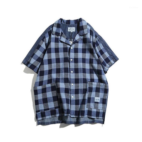 ewq / men's wear 2020 summer loose vintage short sleeve shirt denim blue patchwork large plaid double pocket casual 9y29901, White;black 
ewq / men's wear 2020 summer loose vintage short sleeve shirt denim blue patchwork large plaid double pocket casual 9y29901, White;black