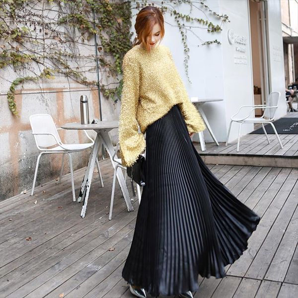 2019 summer fashion vintage silver golden metal solid flared maxi skirt high waist beach long pleated skirts for women ladies, Black
2019 summer fashion vintage silver golden metal solid flared maxi skirt high waist beach long pleated skirts for women ladies, Black