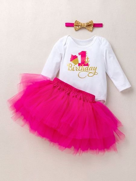 baby ice-cream and letter graphic bodysuit & mesh skirt & headband she, White