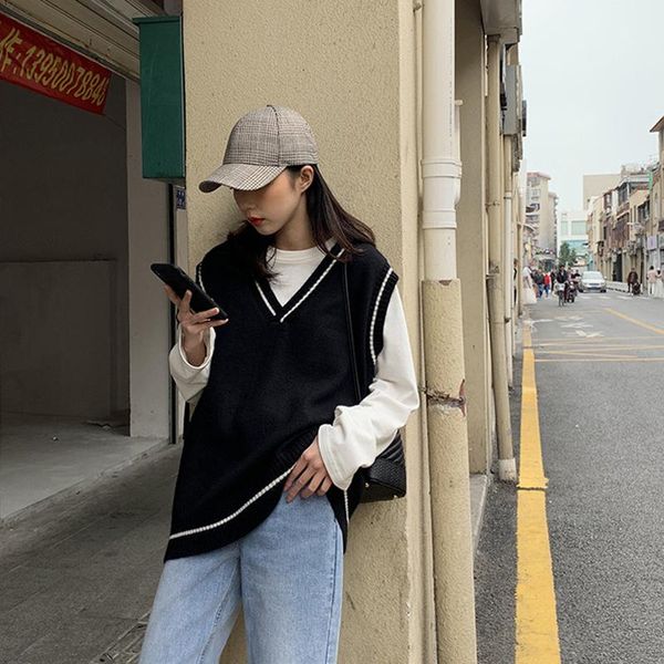 women's vests women vest simple all-match patchwork korean style v-neck sweater leisure student sleeveless vintage knitwear, Black;white
women's vests women vest simple all-match patchwork korean style v-neck sweater leisure student sleeveless vintage knitwear, Black;white