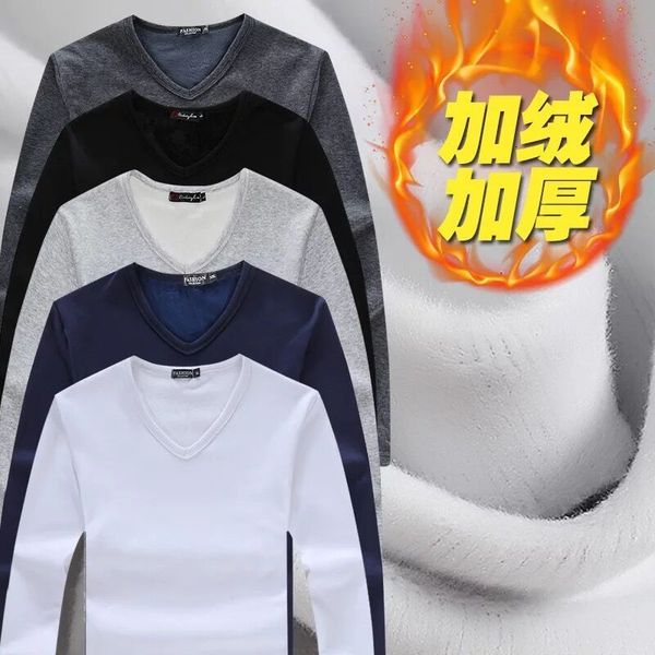 men's autumn with plush and thickened round v-neck long sleeve warm winter t-shirt solid color bottom coat, White;black
men's autumn with plush and thickened round v-neck long sleeve warm winter t-shirt solid color bottom coat, White;black