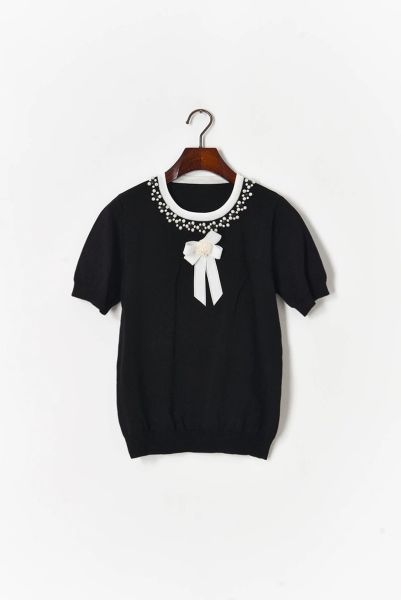 130 2021 spring brand same style regular short sleeve crew neck black white kint sweater women clothes mingzhi, White;black
130 2021 spring brand same style regular short sleeve crew neck black white kint sweater women clothes mingzhi, White;black