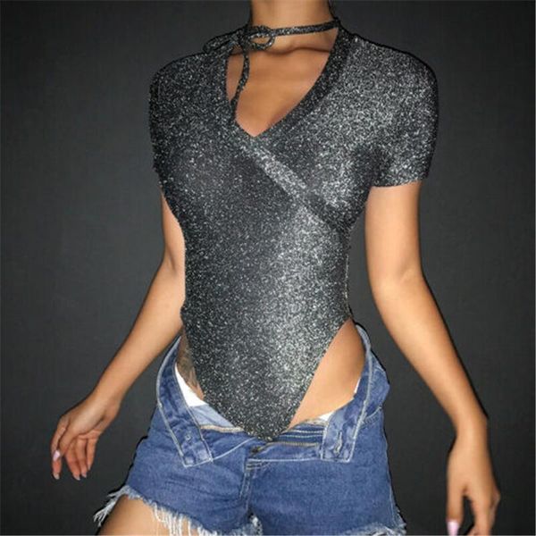 fashion womens jumpsuit short sleeve v neck sliver sequin solid color bandage romper summer bodysuit stretch bodysuits, Black;white 
fashion womens jumpsuit short sleeve v neck sliver sequin solid color bandage romper summer bodysuit stretch bodysuits, Black;white