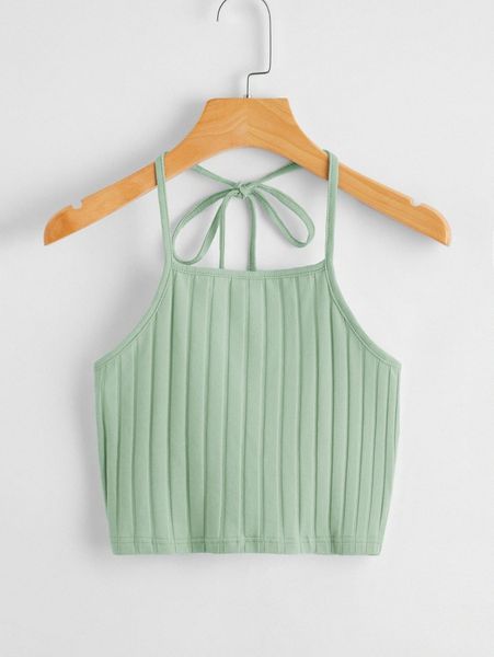 tie back rib-knit halter l71u#, White