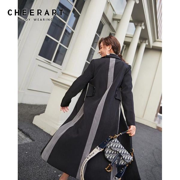 cheerart black long trench coat for women patchwork winter long coat slim fit ladies trench clothing 2020, Tan;black