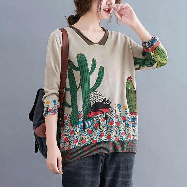 women's sweaters cactus with cat printed women pullovers v-neck long sleeved floral sweater autumn outerwear 2021 knitted pull femme, White;black
women's sweaters cactus with cat printed women pullovers v-neck long sleeved floral sweater autumn outerwear 2021 knitted pull femme, White;black