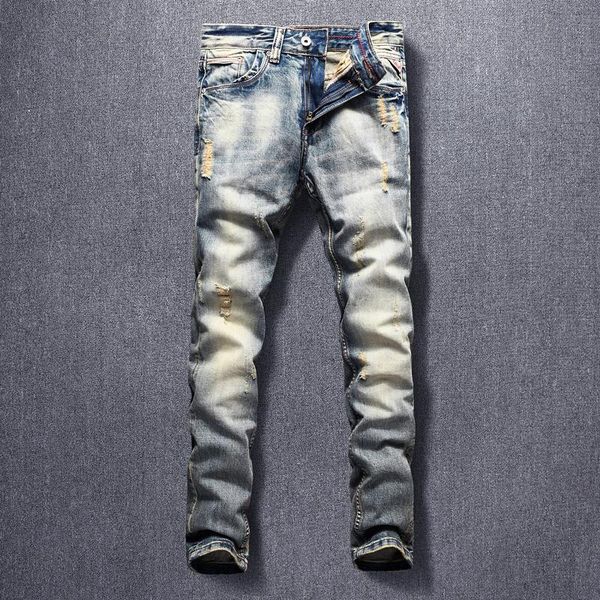 italian style fashion men jeans slim fit ripped hip hop denim trousers retro wash vintage designer long pants homme, Blue
italian style fashion men jeans slim fit ripped hip hop denim trousers retro wash vintage designer long pants homme, Blue