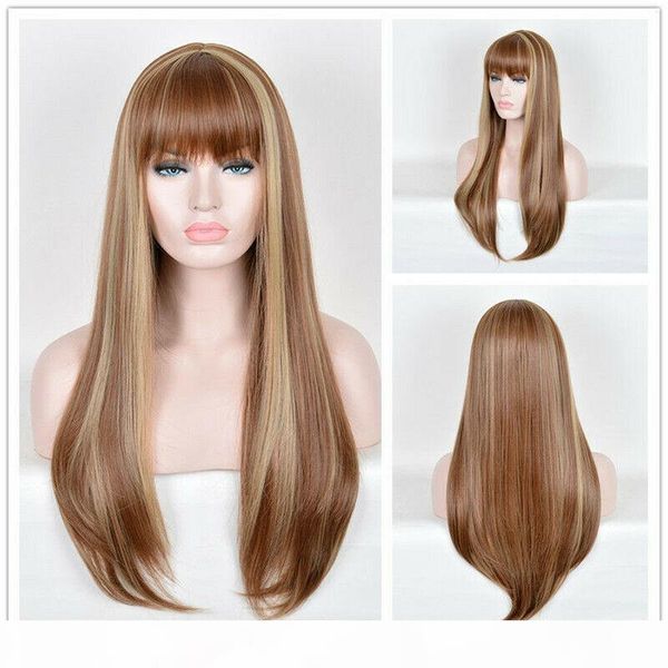 gt;>>new fashion women long blonde highlights brown bangs straight synthetic hair wigs, Black;brown
gt;>>new fashion women long blonde highlights brown bangs straight synthetic hair wigs, Black;brown
