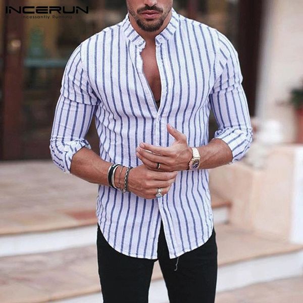 incerun casual men striped shirt long sleeve stand collar streetwear chic brand business shirts men camisa masculina 2020 s-5xl, White;black