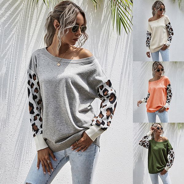 european and american off shoulder sweater sleeve leopard stitching t-shirt, White;black
european and american off shoulder sweater sleeve leopard stitching t-shirt, White;black