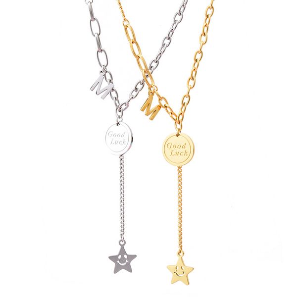 titanium steel 18k gold plated smiling star pendant necklace good luck letter necklace jewelry for women, Silver
titanium steel 18k gold plated smiling star pendant necklace good luck letter necklace jewelry for women, Silver