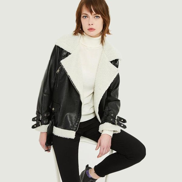 women's leather & faux women jacket winter lambs wool korean version of the thick biker, Black
women's leather & faux women jacket winter lambs wool korean version of the thick biker, Black