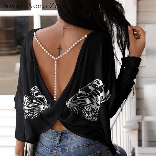 women's blouses & shirts women round neck long sleeve butterfly print backless twisted beaded blouse, White
women's blouses & shirts women round neck long sleeve butterfly print backless twisted beaded blouse, White
