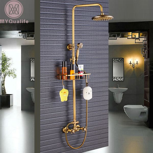 antique brass shower faucet mixers dual handle rainfall 8" brass shower head with bath storage shelf and hooks shower water tap 1011
antique brass shower faucet mixers dual handle rainfall 8" brass shower head with bath storage shelf and hooks shower water tap 1011