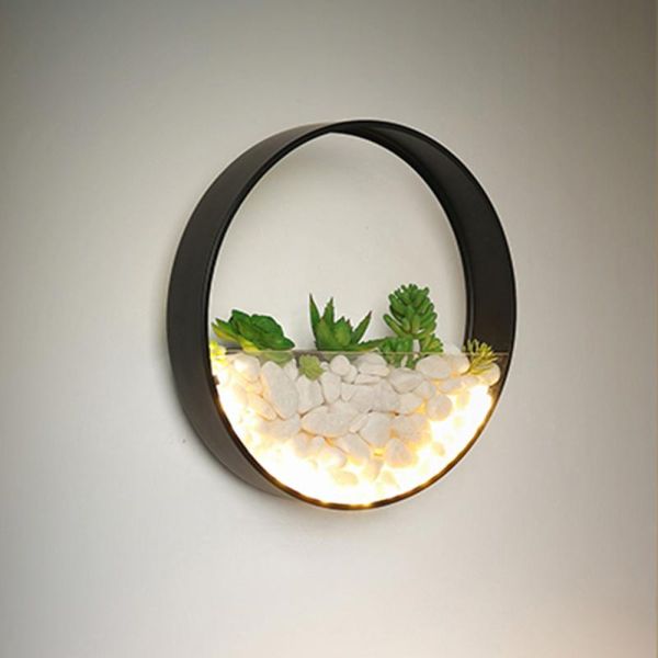 modern plant led wall lamp bedroom bedside decor metal wall sconce white black lights round artificial flowers stone