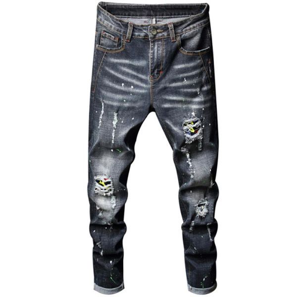 men black jeans slim fit ripped distressed painted pants destroyed pants man trousers streetwear moto biker skinny jeans, Blue
men black jeans slim fit ripped distressed painted pants destroyed pants man trousers streetwear moto biker skinny jeans, Blue