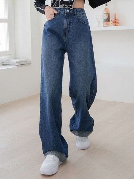 dazy high waist frayed hem wide leg jeans s8nq#, Blue