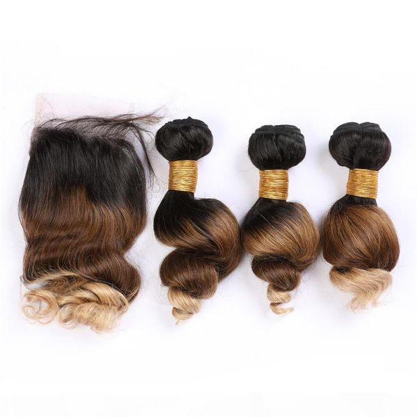 #1b 4 27 ombre hair weaves loose wave human hair bundles with closure three tone colored brazilian virgin hair weaves with lace closure, Black;brown 
#1b 4 27 ombre hair weaves loose wave human hair bundles with closure three tone colored brazilian virgin hair weaves with lace closure, Black;brown