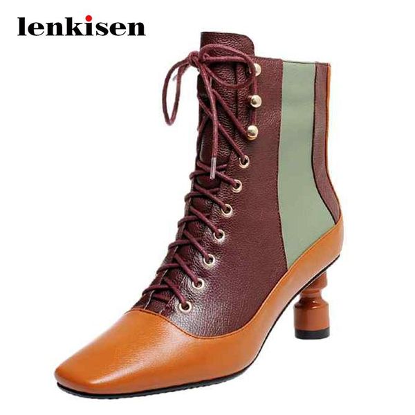 lenkisen work boots genuine leather mixed colors cross-tied streetwear square toe high strange heel lace up cozy ankle boots l59, Black
lenkisen work boots genuine leather mixed colors cross-tied streetwear square toe high strange heel lace up cozy ankle boots l59, Black