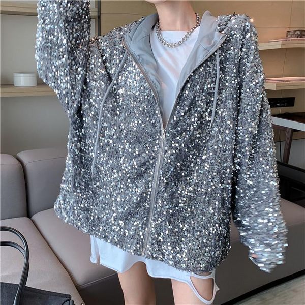 women's jackets sequined jacket punk hooded long sleeved black female korean loose zipper silver y2k coat, Black;brown
women's jackets sequined jacket punk hooded long sleeved black female korean loose zipper silver y2k coat, Black;brown