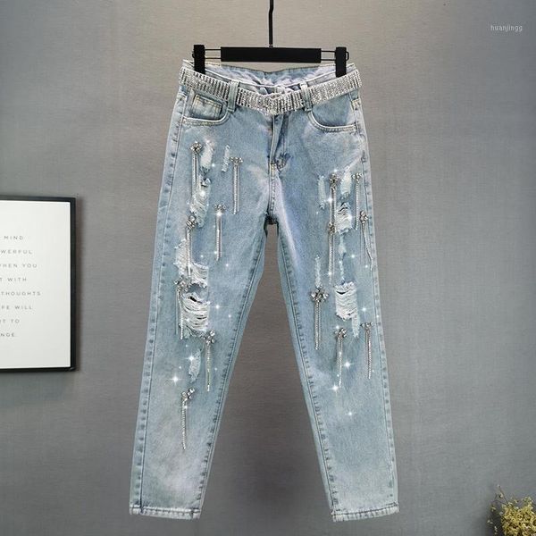 tassel rhinestone women jeans summer new high waist pocket distresses hole slim straight ankle length female jeans, Blue
tassel rhinestone women jeans summer new high waist pocket distresses hole slim straight ankle length female jeans, Blue