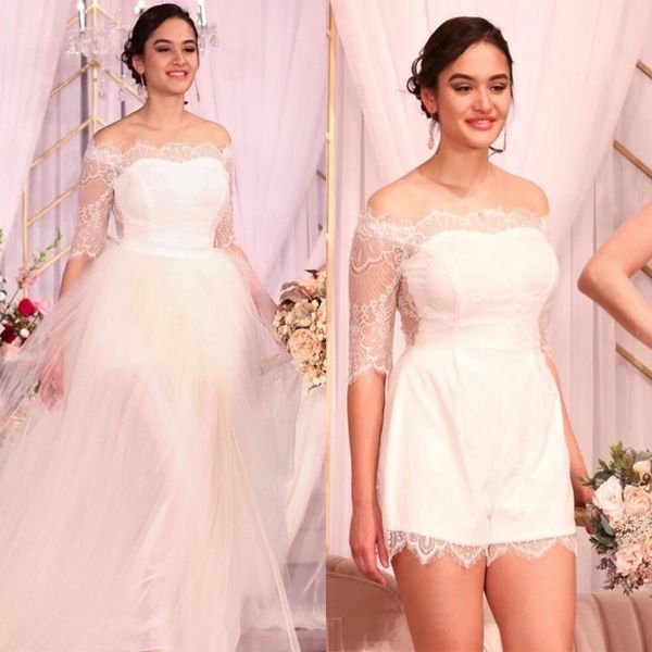 charming a line wedding dresses with detachable tulle skirt plus size bateau neck lace appliqued half sleeves bridal gowns, White
charming a line wedding dresses with detachable tulle skirt plus size bateau neck lace appliqued half sleeves bridal gowns, White